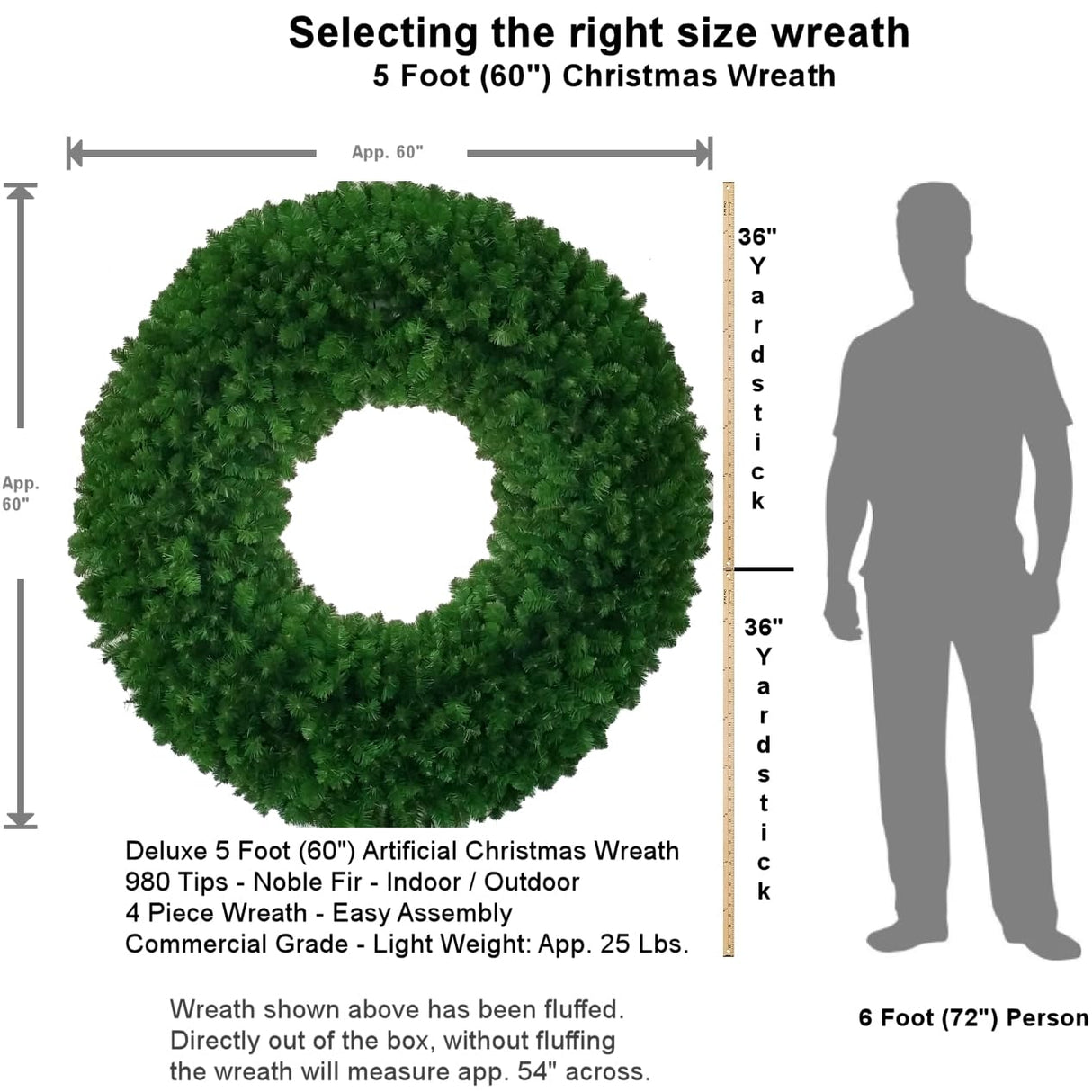 5 Foot Christmas Wreath with Large Red Bow - 60 inch - Commercial Grade - Indoor - Outdoor - No Lights ACWreaths