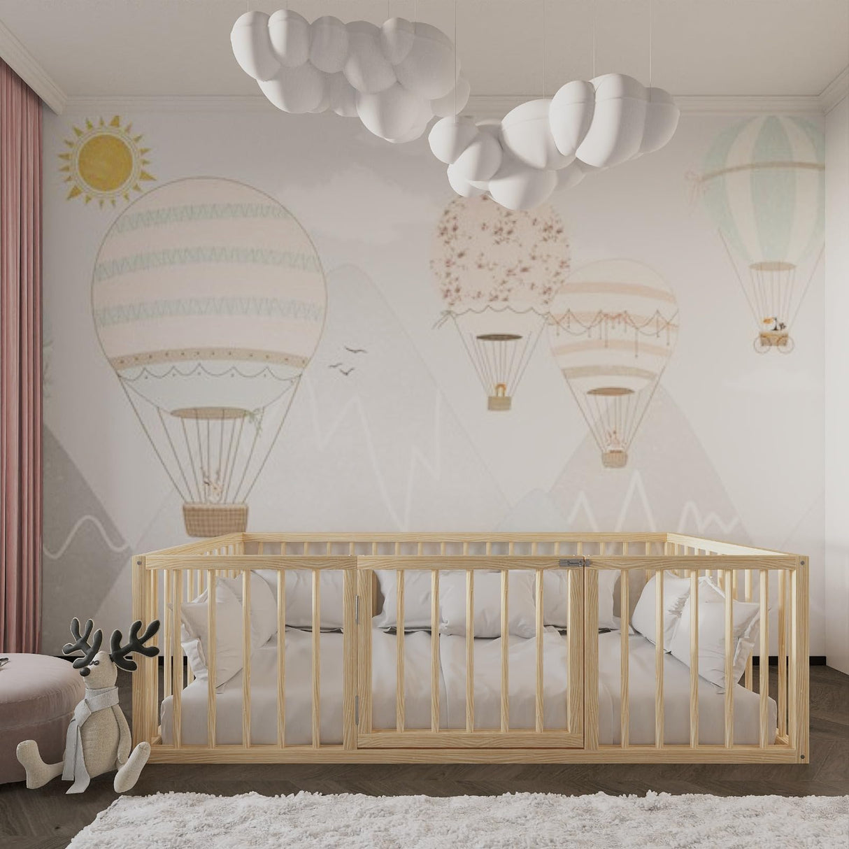 Montessori Floor Bed with Door for Toddler 39.4'' x 75.2'' Twin Size | Pine Wood Natural Solid Frame Bed Door in the Middle | Sturdy Design Floor Bed Frame Boy and Girls (Twin, Height : 23.6 Inches) wood and montessori