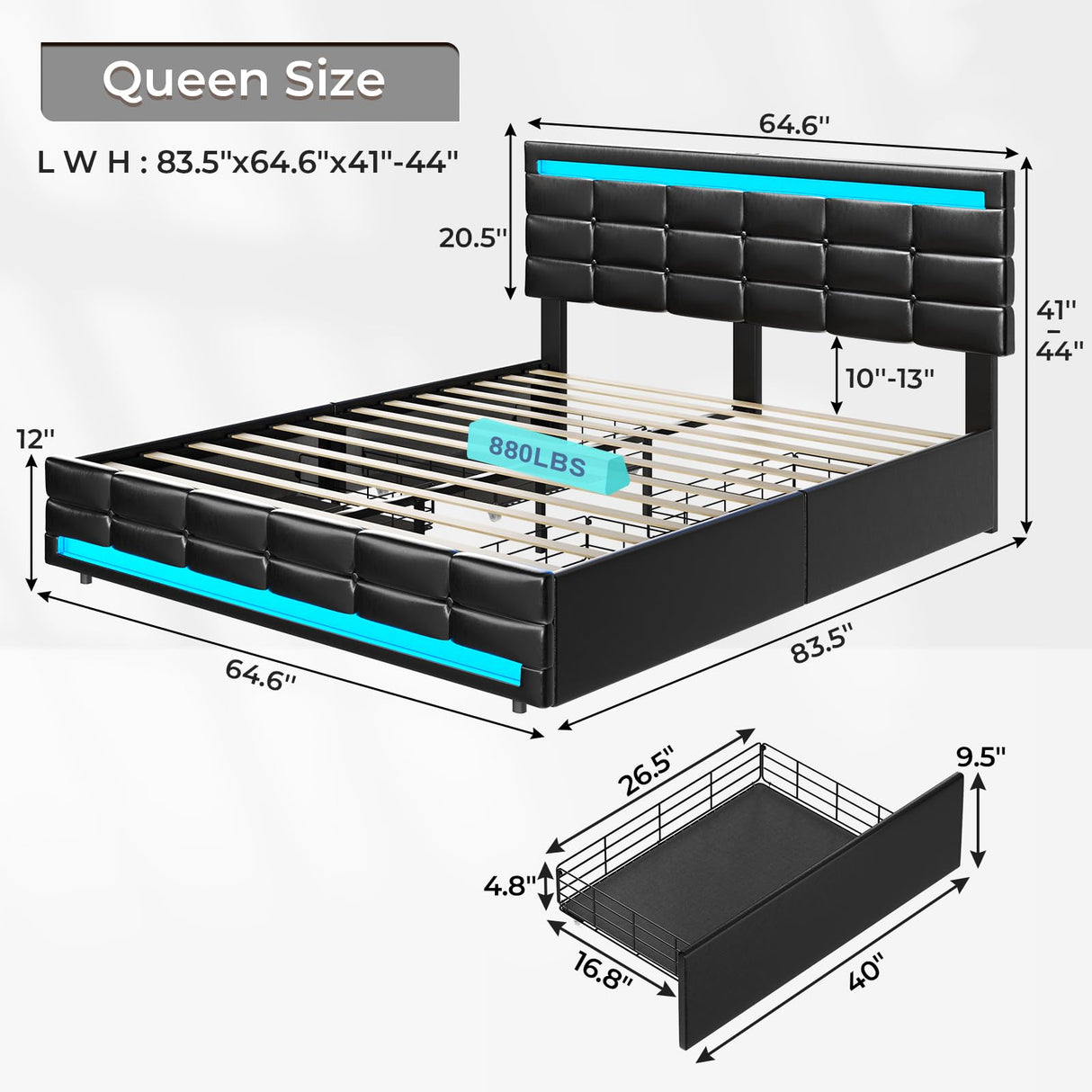 Elegant ADORNEVE Queen Bed Frame with LED Lights, Leather Platform and Storage Drawers, Adjustable Headboard, No Box Spring Needed - Black ADORNEVE