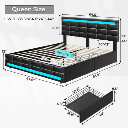 Elegant ADORNEVE Queen Bed Frame with LED Lights, Leather Platform and Storage Drawers, Adjustable Headboard, No Box Spring Needed - Black - WoodArtSupply