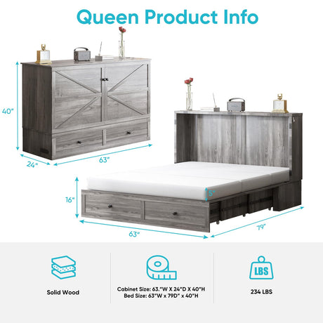 CECER Queen Size Murphy Bed with Tri-Folding Mattress，Murphy Bed with Charging Station and 2 Large Storage Drawers for Small Spaces/Bedroom（Grey） CECER