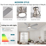 JSAITEE Ceiling Fans with Lights, 52 Inch Low Profile Ceiling Fan with Light and Remote Control, Flush Mount, DC Reversible Motor, Noiseless, Nickel 6 Speeds Ceiling Fan for Bedroom JSAITEE