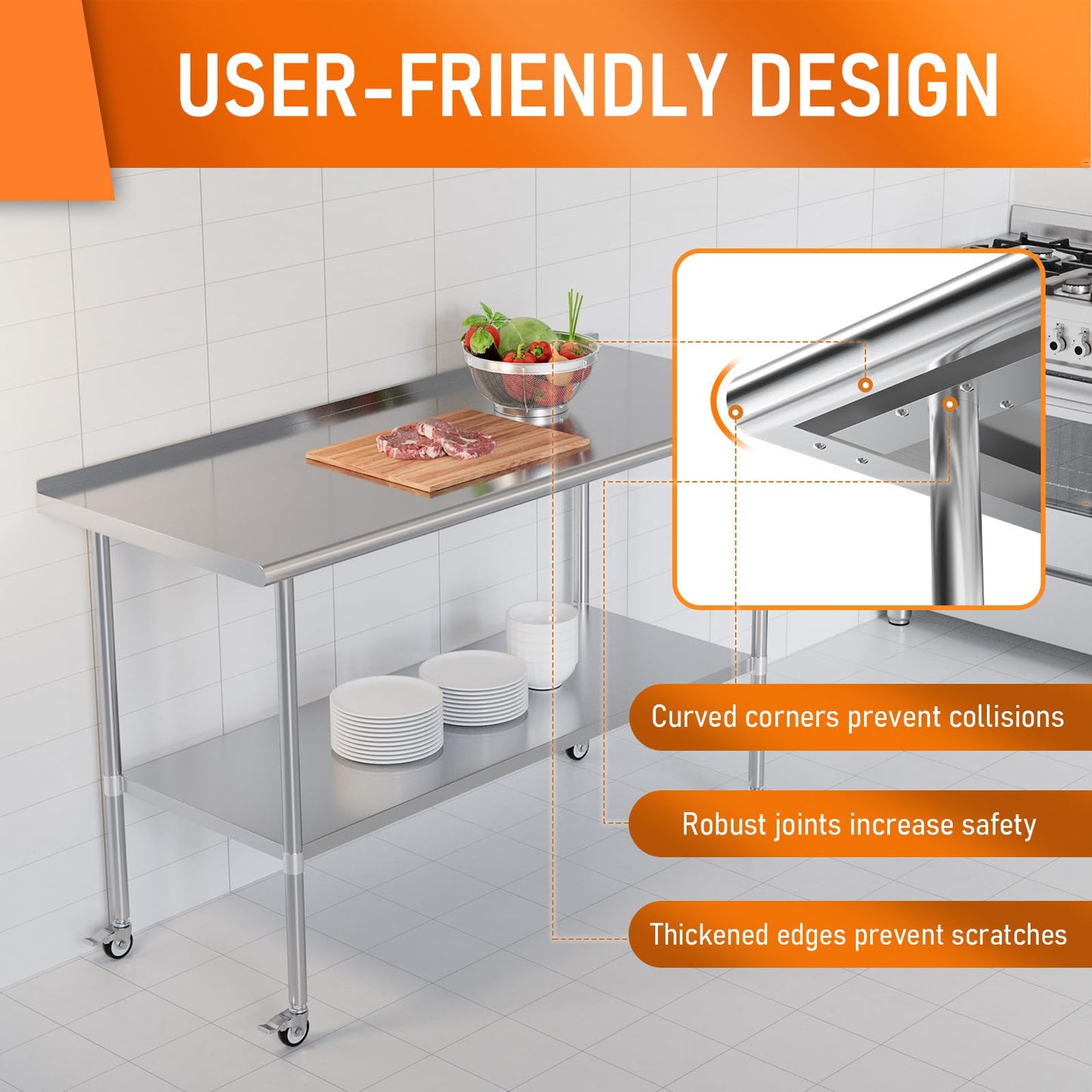 HOCCOT Stainless Steel Prep & Work Table with Adjustable Shelf, with Backsplash and Wheels, Kitchen Island, Commercial Workstations, Utility Table in - WoodArtSupply