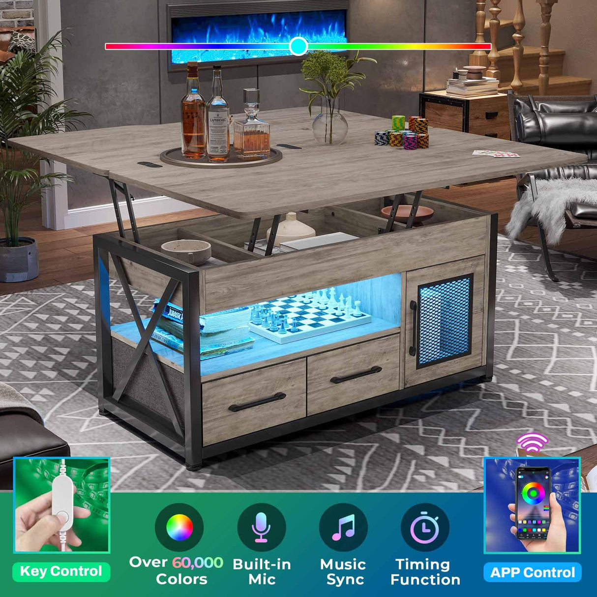 Itaar 40" Lift Top Coffee Table, 4 in 1 Coffee Tables with Storage Cabinet for Living Room, Small Farmhouse Coffee Table with 2 Fabric Drawers & LED Light for Dining Room, Grey Itaar