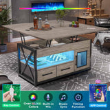 Itaar 40" Lift Top Coffee Table, 4 in 1 Coffee Tables with Storage Cabinet for Living Room, Small Farmhouse Coffee Table with 2 Fabric Drawers & LED Light for Dining Room, Grey Itaar