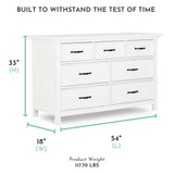 Evolur Belmar Double Dresser in Weathered White, Comes Assembled, Included Anti-Tip Kit, Seven Spacious Drawers, Dresser For Nursery, Bedroom, Wooden Nursery Furniture Evolur