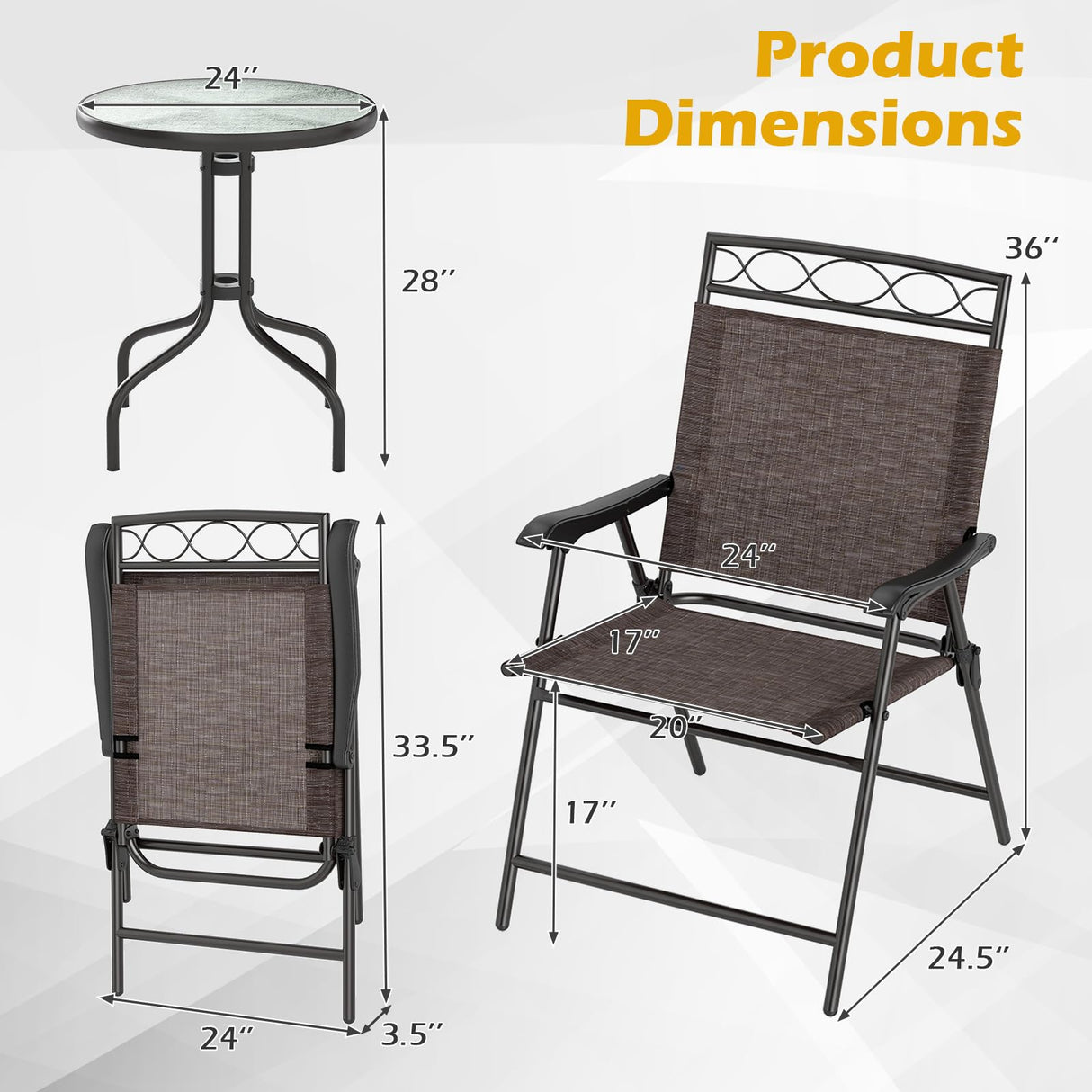 HAPPYGRILL 3 Pieces Patio Dining Set with Round Glass Table, Folding Chairs, Outdoor Chairs Table Set with Umbrella Hole for Garden Poolside Backyard HAPPYGRILL