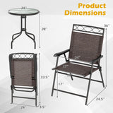HAPPYGRILL 3 Pieces Patio Dining Set with Round Glass Table, Folding Chairs, Outdoor Chairs Table Set with Umbrella Hole for Garden Poolside Backyard HAPPYGRILL