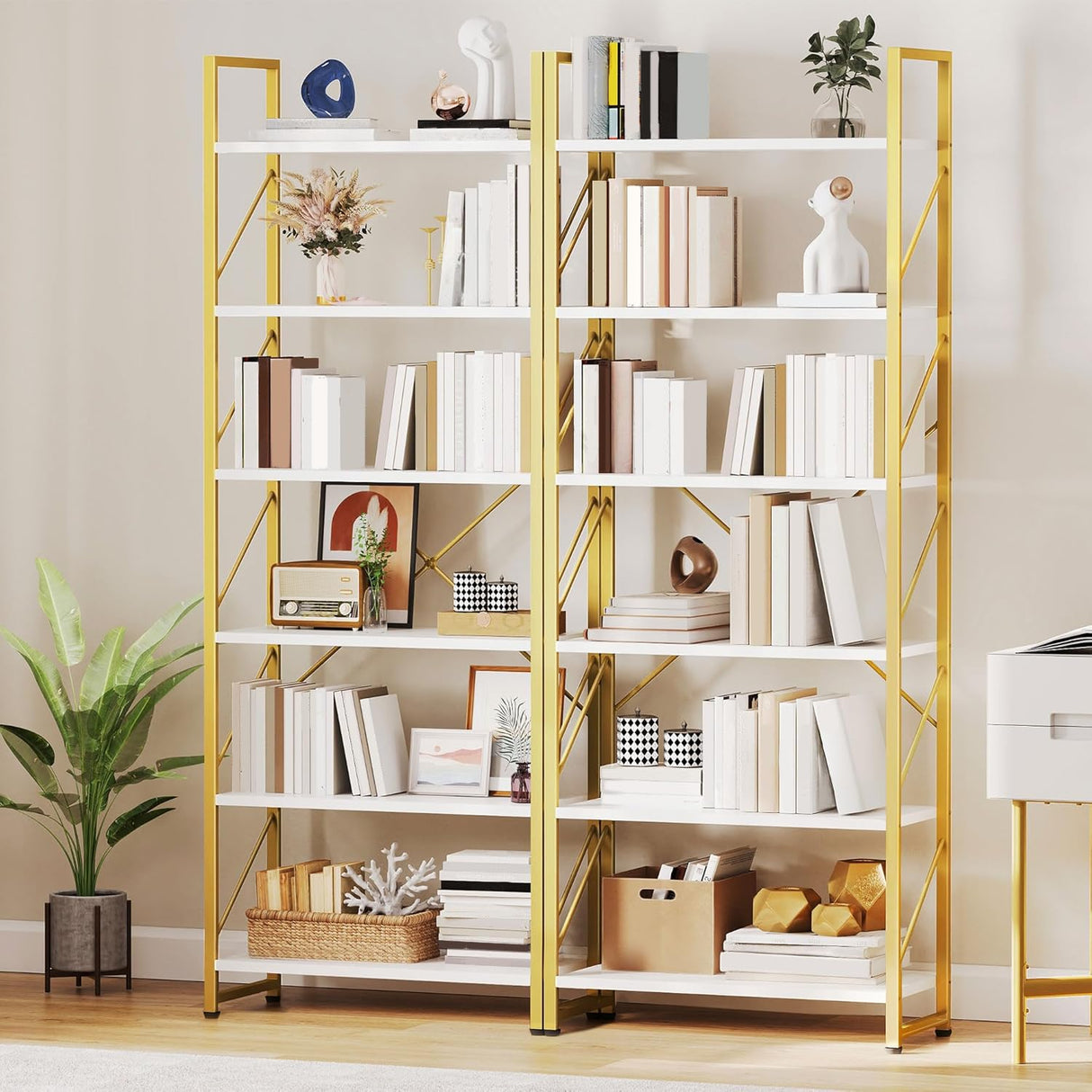 YITAHOME Tall Bookshelf 6 Tier Bookcase, Modern Gold Book Shelf, Open Display Storage Rack Shelves for Living Room/Bedroom/Home/Office/Kitchen, Holder Organizer for Books/Movies, White & Gold YITAHOME