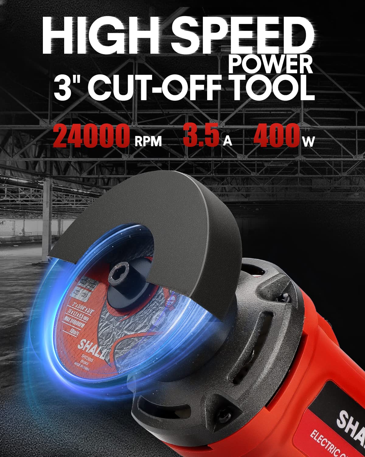 SHALL 3 Inch High-Speed Cut Off Tool, 3.5 Amp Metal Cutter Tool with 3Pcs Multifunctional Cutoff Wheels, 24000RPM Electricl Metal Cutting Tools for Steel, Inox, PVC, Aluminum SHALL