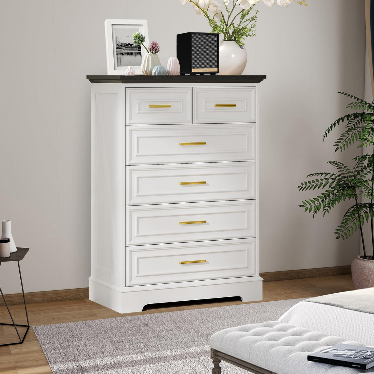 Virabit White Dresser for Bedroom with 6 Drawers, 44" Tall Wooden Farmhouse Cabinet, Modern Kids Dresser with Metal Handle, Mid Century Chest of Organizer for Closet, Living Room, Hallway Virabit