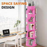 Nidouillet Rotating Bookshelf Tower, 5 Tier Spinning Bookcase Lazy Susan, Revolving 360 Book Shelf Storage Round Organizer, Vertical Rotate Turning Corner Book Case for Small Space, Pink Nidouillet