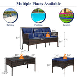 Tangkula 3 Pieces Patio Conversation Set, All Weather Outdoor PE Rattan Wicker Furniture Set with Padded Cushions, Tempered Glass Coffee Table, for Poolside, Backyard, Garden (Navy) Tangkula