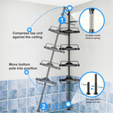 HAMITOR Corner Shower Caddy Tension Pole: Adjustable Stainless Steel Shower Organizer 4 Tier Shelf for Bathroom Bathtub Shampoo - Floor Standing Rack Bath Storage Holder with Rust Proof Rods - Black HAMITOR