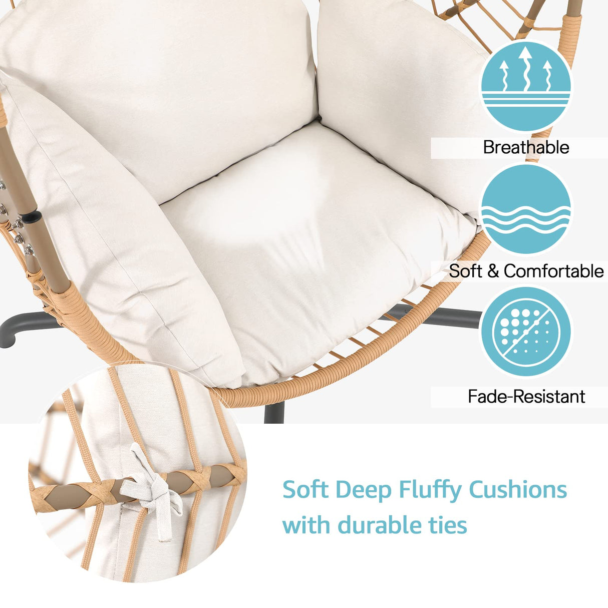 Patiorama Indoor Outdoor Egg Swing Chair with Stand, Oversized Cocoon-Shaped Rope Woven Hanging Chair, Cushion,Safety Strap,Patio Wicker Foldable Hammock Chair for Porch,Garden,Bedroom (Creamy White) Patiorama