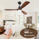 CACI Mall 52" Wood Ceiling Fan with Lights,Walnut,Remote Control, Outdoor，3 Blades, 35w Quiet Reversible DC Motor 18w Dimmable LED 5032 CFM for Living Room, Bedroom, Patio, Porch CACI Mall