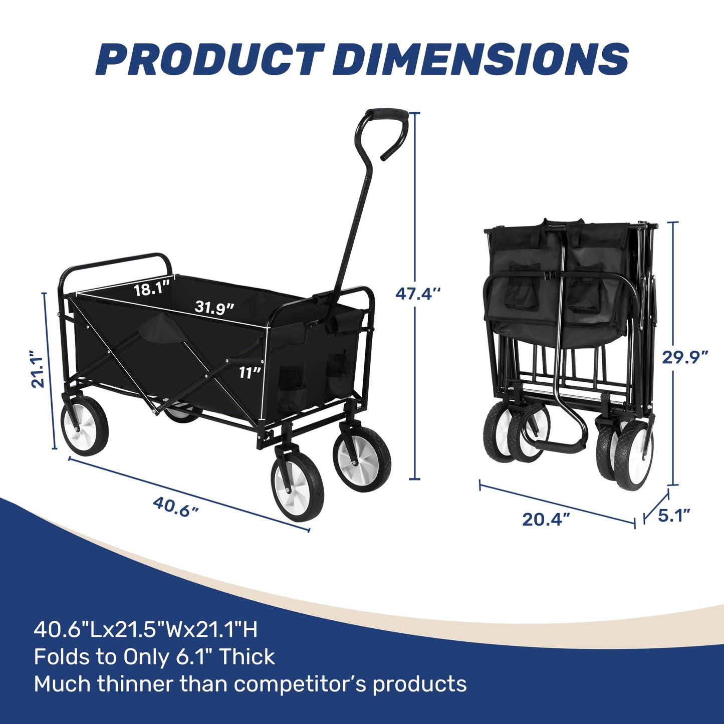 YSSOA Folding Garden Cart PRO, Collapsible Handy Wagon with 360 Degree Swivel Wheels & Adjustable Handle,220lbs Weight Capacity,Black