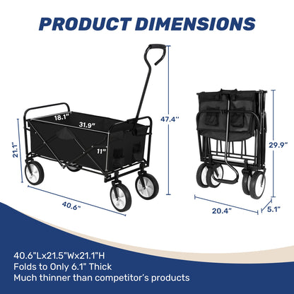 YSSOA Folding Garden Cart PRO, Collapsible Handy Wagon with 360 Degree Swivel Wheels & Adjustable Handle,220lbs Weight Capacity,Black