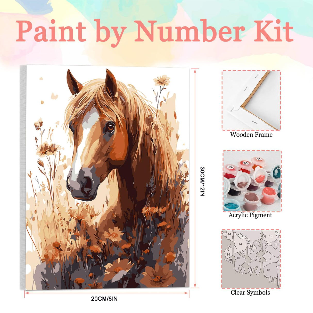 Auremi Horses Paint by Numbers Kits for Adults Beginners,Easy Animal Paint by Numbers on Canvas Framed DIY Painting by Numbers for Gift Home Wall Decor 8x12 Inch Auremi