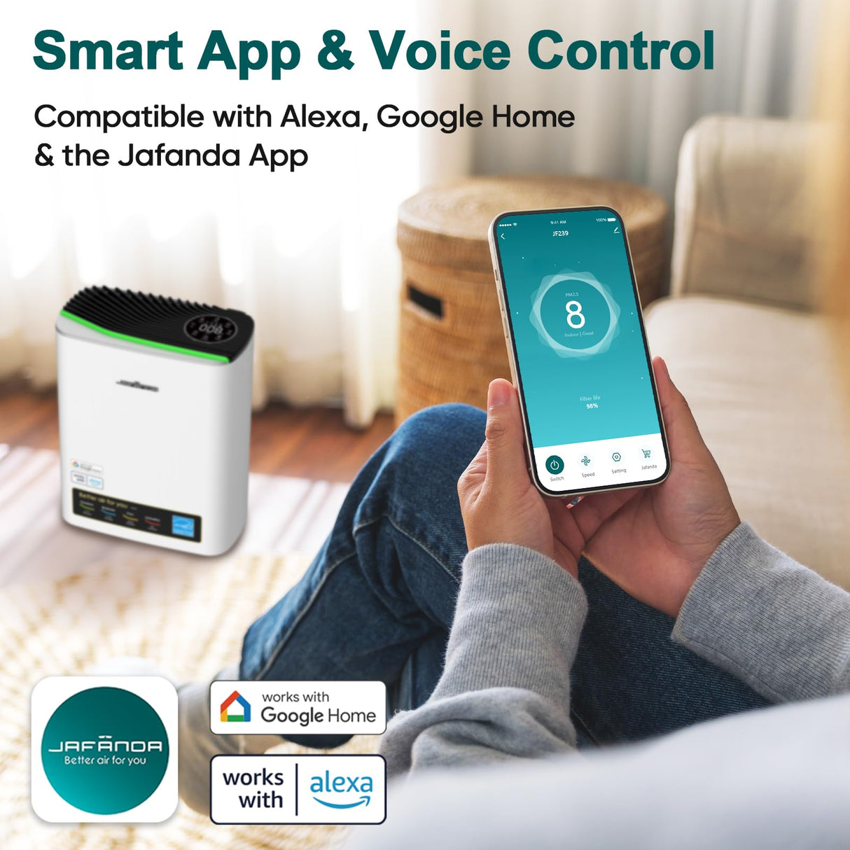 Jafanda Air Purifiers for Home Large Room Up to 1100ft², HEPA Filter Air Purifier Removes 99.97% of Allergens,Dust,Smoke,and Odors, Air Cleaner Compatible with Alexa APP,PM2.5 Display (JF239-Silver) Jafända