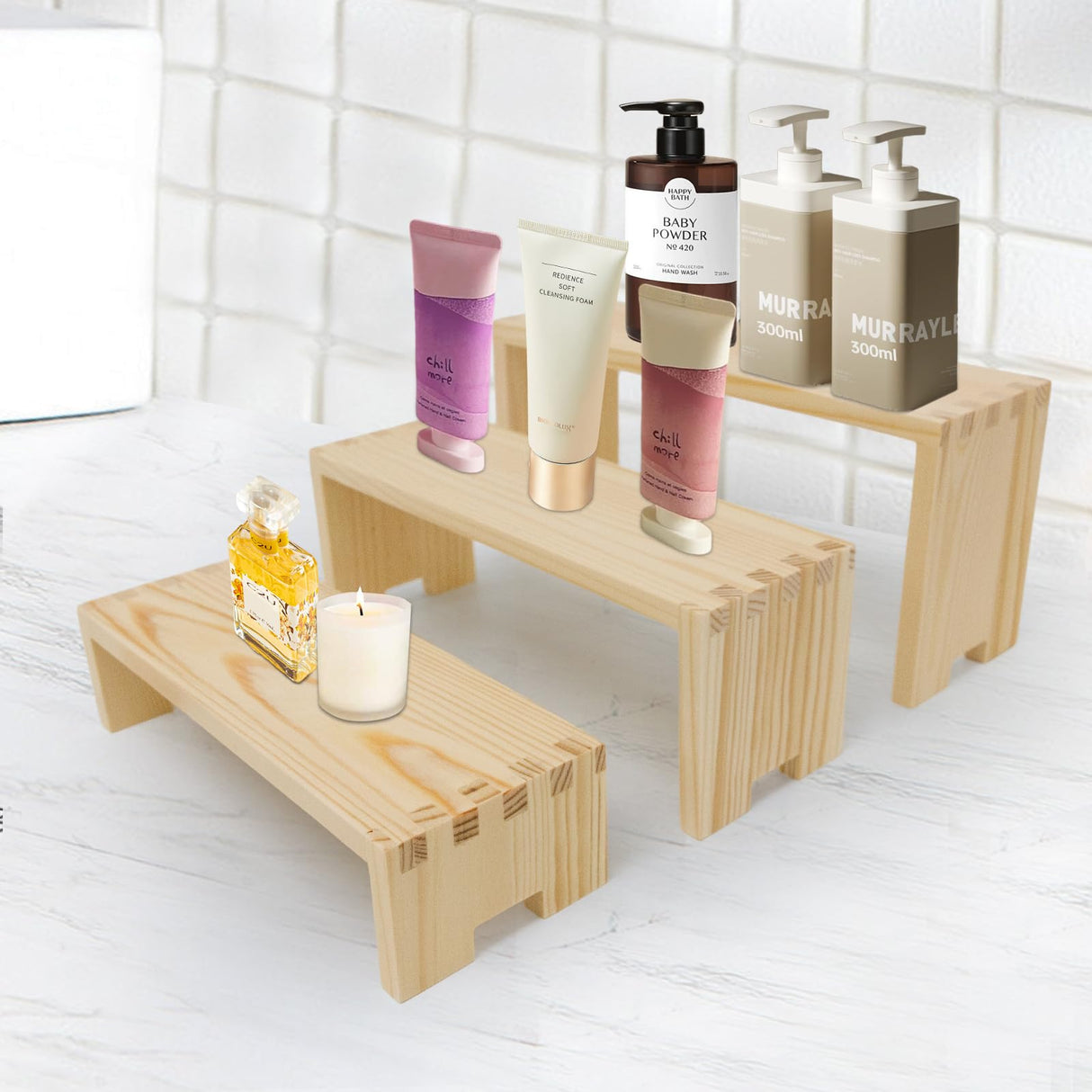 Yikaroeli Display Risers-3 Tier Wood Risers Decorative Rectangular, 6-piece Set Display Stands Arranging and Showcasing your favorite items(Nature) Yikaroeli