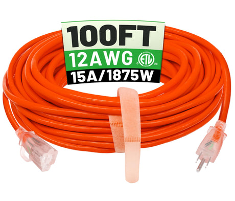 POWGRN 100 ft 12/3 Outdoor Extension Cord Waterproof Heavy Duty with Lighted Indicator End 12 Gauge 3 Prong, Flexible Cold-Resistant Long Power Cord Outside, 15Amp 1875W SJTW Orange ETL Listed POWGRN