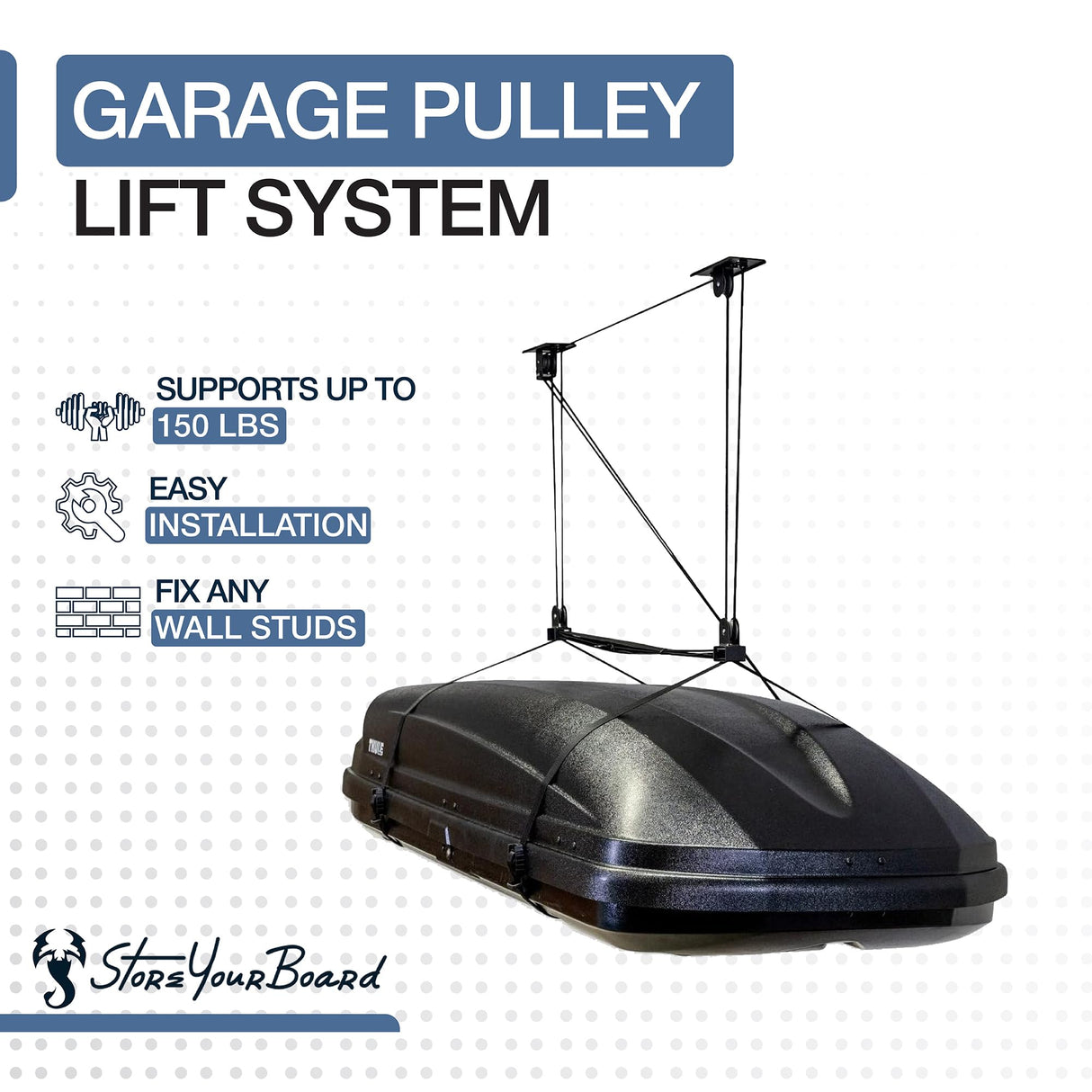 StoreYourBoard Cargo Box Pulley System – Heavy-Duty Garage Hoist Lift for Rooftop Carriers – Garage Storage & Garage Organization Ceiling Hoist with Pulley – Holds 150 lbs - Fits 8–10 ft Ceilings StoreYourBoard
