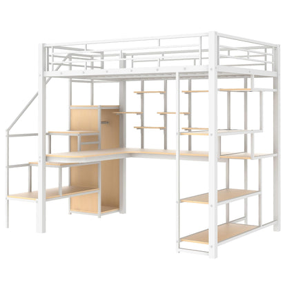 RuiSiSi Multifunctional Full Metal Loft Bed with Integrated Desk, Wardrobe, and Shelves in White - WoodArtSupply