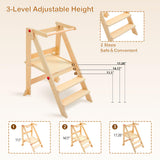 Foldable Toddler Tower with Safety Rails, 3-Level Adjustable Height Standing Kitchen Stool Helper with Safety Feet, Montessori Learning Tower for Toddlers Aged 1-6，Natural Cheete