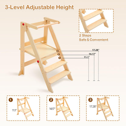 Foldable Toddler Tower with Safety Rails, 3-Level Adjustable Height Standing Kitchen Stool Helper with Safety Feet, Montessori Learning Tower for Toddlers Aged 1-6，Natural