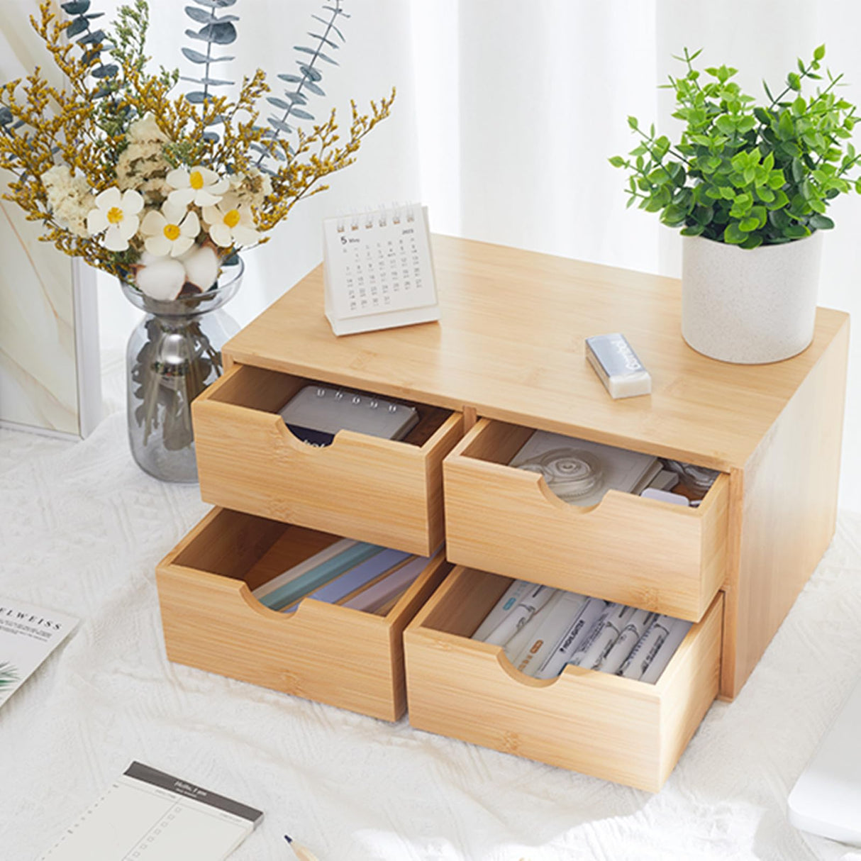 Bamboo Desk Organizer 4 Drawers, Countertop Organizer with Drawers Makeup Storage Drawer 4 Drawers Tabletop Storage Organization Box Home Office Workspace Charmewooden