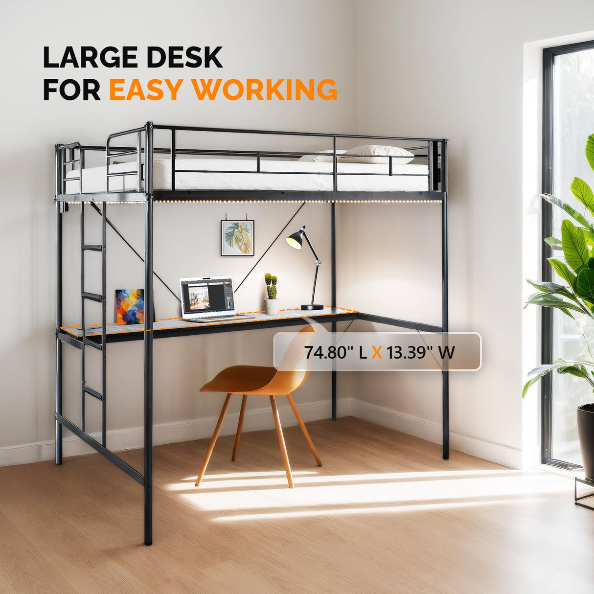 VINGLI Twin Size Metal Loft Bunk Bed Frame for Kids Teens Adults with Desk Underneath,2 Charging Station,LED Lights,Safety Guardrail and Stair,No Box Spring Needed,Black VINGLI