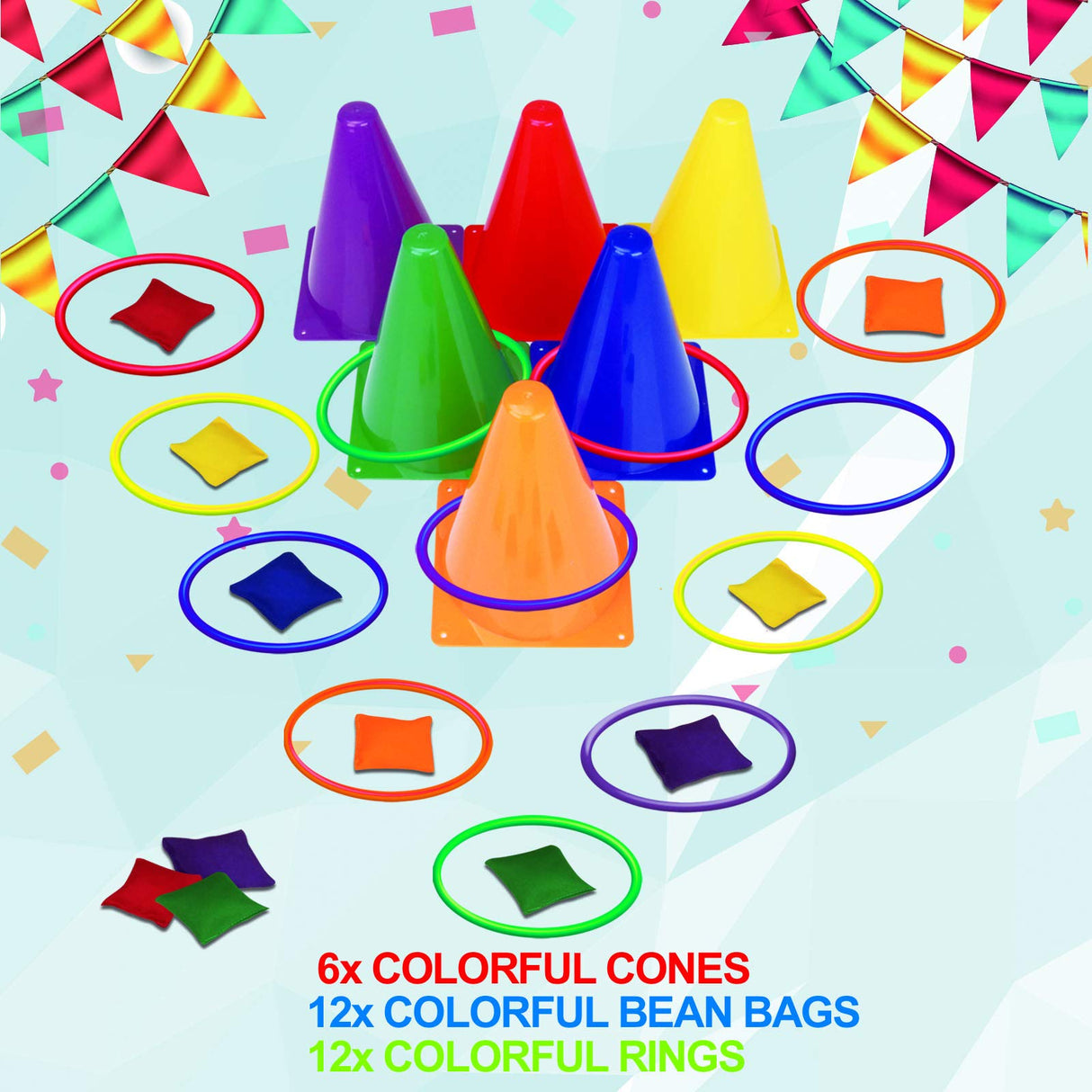 unanscre 31PCS 3 in 1 Carnival Outdoor Games Combo Set for Kids, Soft Plastic Cones Bean Bags Ring Toss Game, Gift for Birthday Party/Xmas unanscre