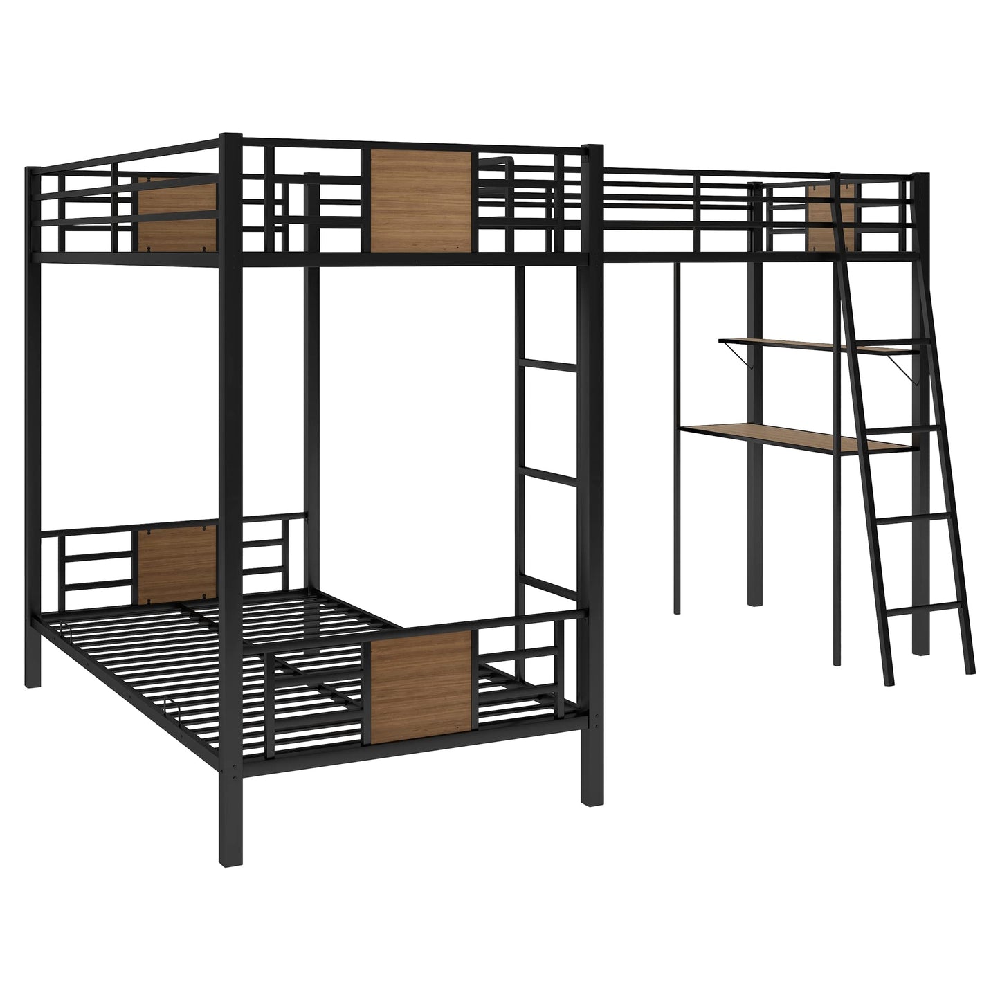 MERITLINE Triple Metal Bunk Beds,L-Shaped Metal Triple Bunk Bed with Desk and Shelf, Twin Over Twin Bunk Bed with A Twin Loft Bed Attached, 3 Bed Bunk Beds for Kids Teens, Brown