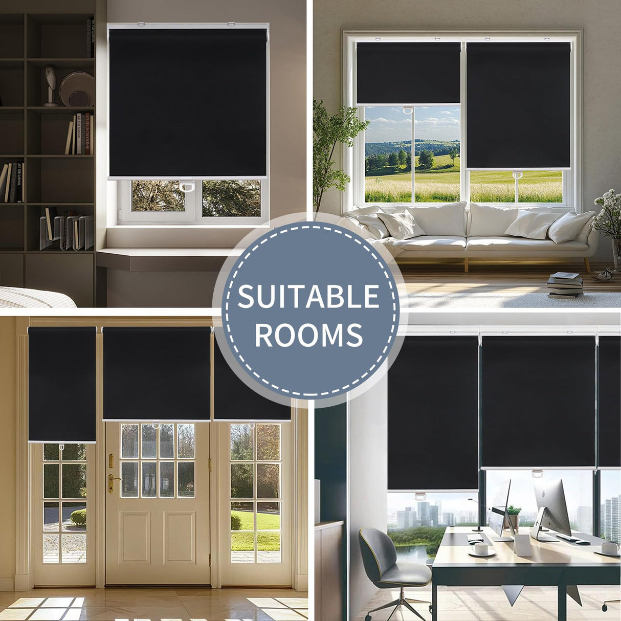 SHADEMOON Cordless Blackout Window Roller Shades, Pull Down Spring System Indoor Blinds, Room Darkening Waterproof UV Blocking Thermal Insulated Fabric for Home Office (Black, Width 29", Height 72") SHADEMOON