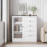 HOSTACK 5 Drawer Dresser with Door, White Storage Cabinet with Drawers and Shelves, Wide Wood Dresser, Modern Chest of Drawers Organizers for Living Room, Kitchen, Hallway HOSTACK