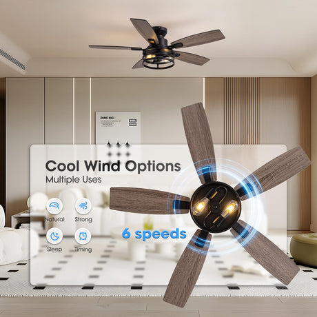 46 Inch Flush Mount Ceiling Fans with Lights and Remote Control, Low Profile Farmhouse Ceiling Fan for Bedroom Living Room and Patio, Black Caged Ceiling Fan for Indoor and Outdoor LuminFan
