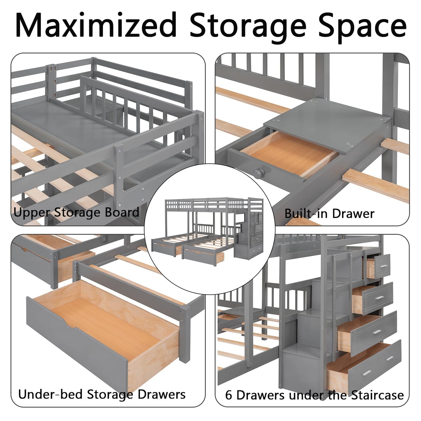 Harper & Bright Designs Grey Triple Bunk Beds with Drawers and Storage Staircase - Full Over Twin & Twin Design - WoodArtSupply