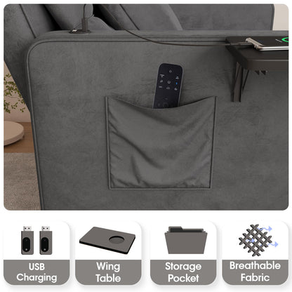 Vabches Sofa Bed Chair with Wing Table and USB Ports Outlet, 3-in-1 Sofa Chair Bed Couches with Two Pillows, Velvet Sleeper Chair with Adjustable Backrest, Easy Assembly, Dark Grey - WoodArtSupply