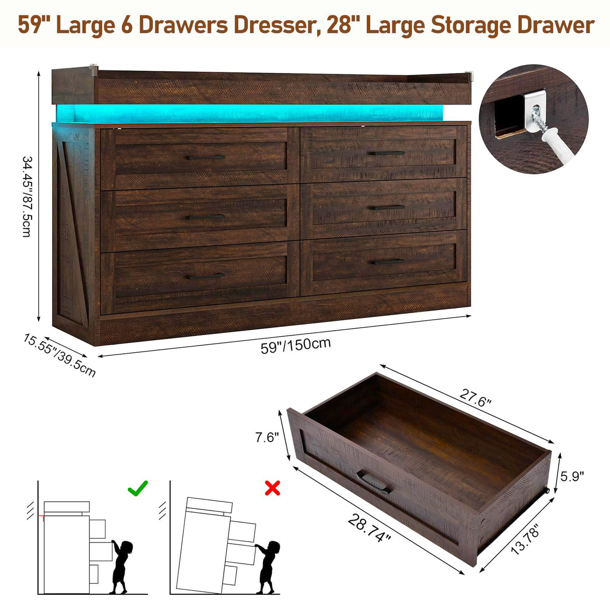 Hlivelood 59" Large Farmhouse 6 Drawers Dresser for Bedroom,Wide Wood Rustic 6 Chests of Drawers for Closet, with LED Light and Power Outlets,Tall Storage Dresser Organizer for Bedroom(Antique Brown) Hlivelood