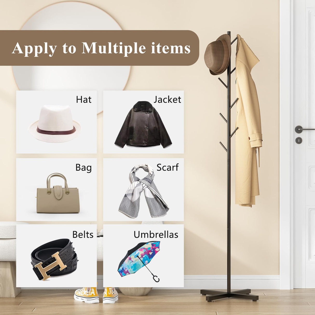 Wisdom Star Metal Coat Rack Freestanding, Hall Tree Coat Rack Stand, Heavy Duty Clothes Rack, Corner Hanging Clothes Rack for Jacket, Hats, Bags, Entryway, Living Room, Bedroom, Home Office, Black Wisdom Star