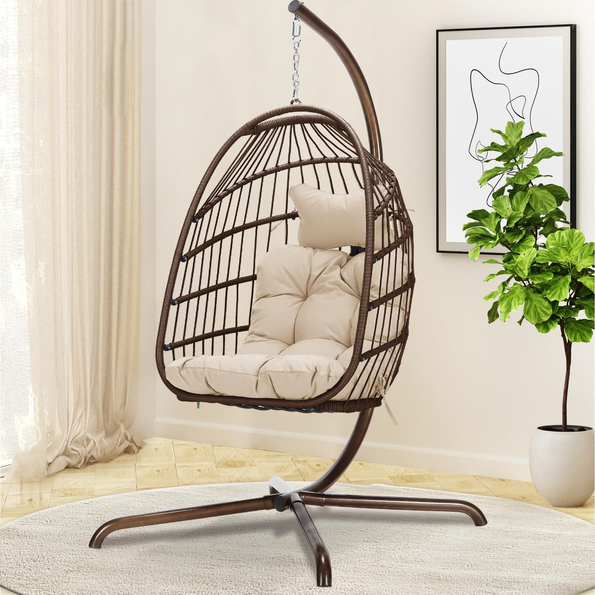 BULEXYARD Hanging Egg Swing Chair with Stand Indoor Outdoor 350lbs Capacity, Brown Wicker Hammock Egg Basket Chair with Beige Thickened Cushion for Bedroom Balcony Garden Porch Patio BULEXYARD