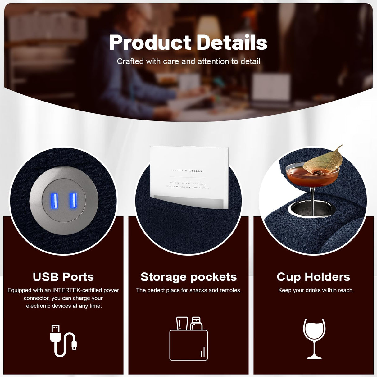 IROSTAE Loveseat Recliner Sofa, 2 Seater Minimalist Style Fabric Manual Pull Tab Reclining Loveseat with USB Charge Ports, Cup Holders, Recliner Love Seat Couches for Living Room, RV, Blue IROSTAE