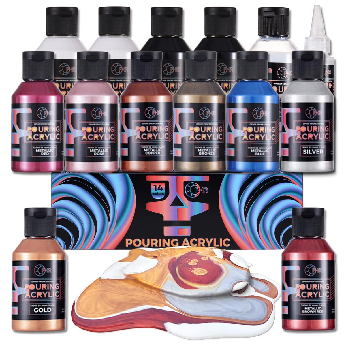 OPHIR Metallic Pouring Paint Set, 8 Metallic Colors, 2 Black, 2 White Colors, Pre-Mixed Paint Pouring Supplies, Ready to Pour Metallic Acrylic Paint for Canvas, Paper, Rocks, Wood,Glass OPHIR