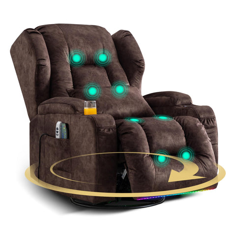 BINGTOO Power Swivel Rocker Recliner Chair with Massage & Heat, Electric Wall Hugger Reclining Sofa for Adults with LED Light/Cup Holders/USB Ports, Velvet Brown BINGTOO