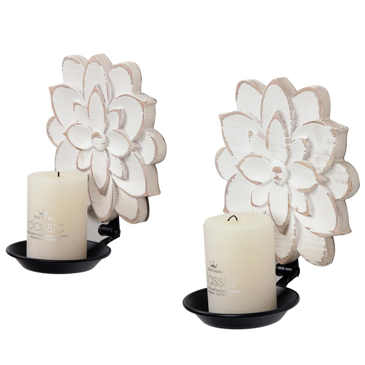 Candle Wall Sconces Set of Two Farmhouse, Handcarved Wall Candle Holders Decorative, Flower Pattern Wall Candle Sconce Wood, Distressed Finish Rustic Candle Holder Wall Decor for Living Room, Hallway SOFE