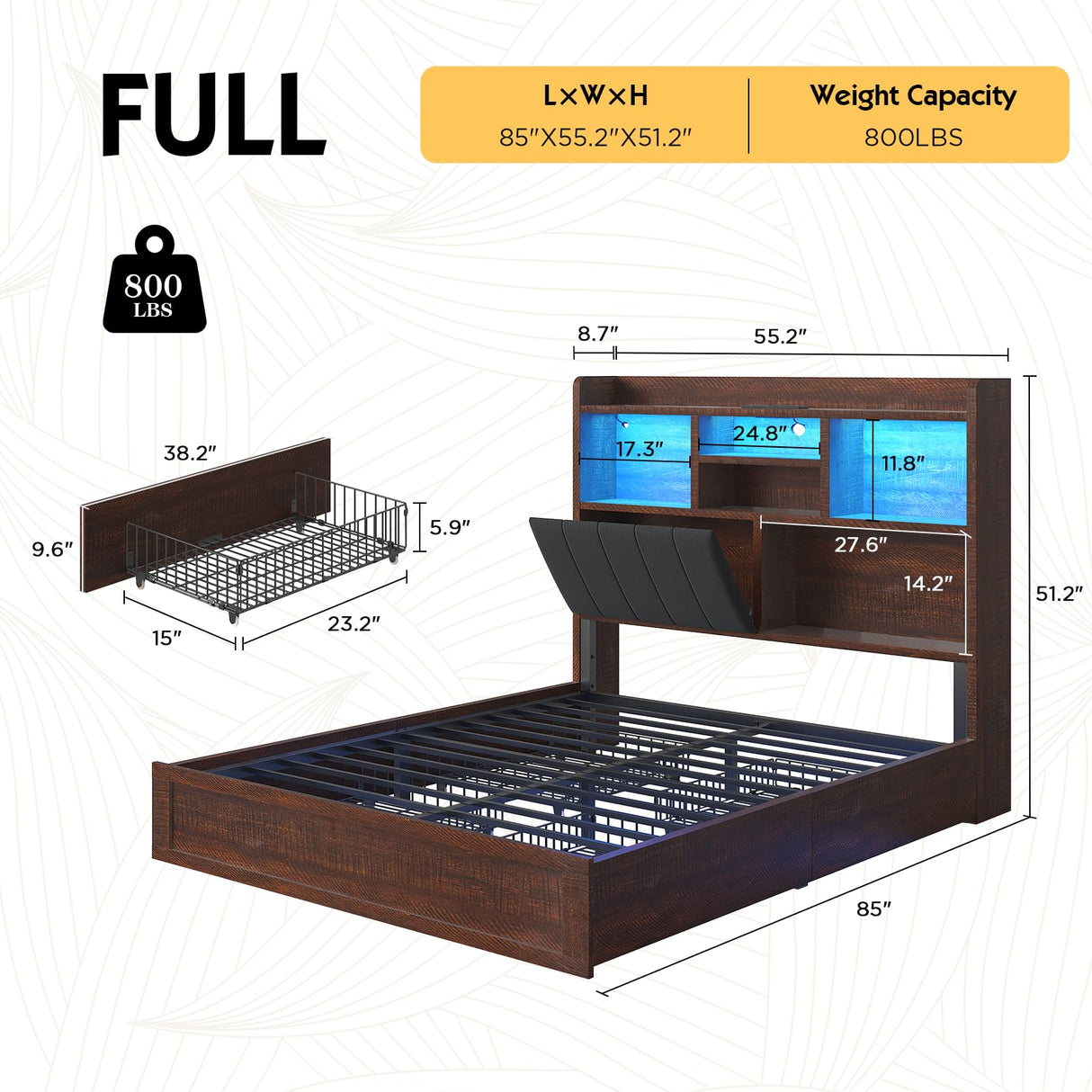 LUXOAK Full Farmhouse Bed Frame with Bookcase Headboard and 4 Drawers, LED Storage Bed with Charging Station & Linen Upholstered, No Box Spring Needed, Reclaimed Barnwood LUXOAK