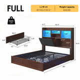 LUXOAK Full Farmhouse Bed Frame with Bookcase Headboard and 4 Drawers, LED Storage Bed with Charging Station & Linen Upholstered, No Box Spring Needed, Reclaimed Barnwood LUXOAK