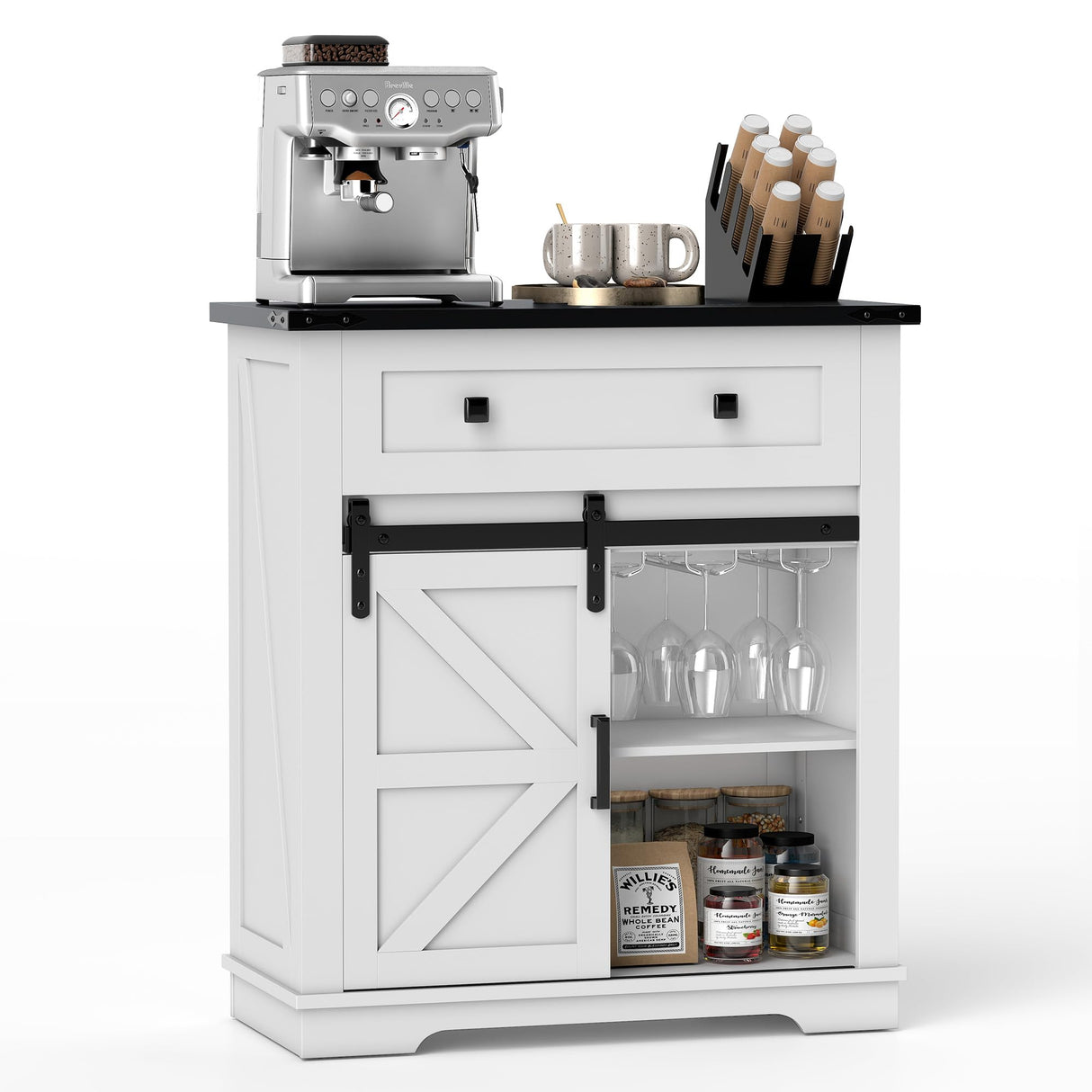 Real Relax Coffee Bar Cabinet, Farmhouse Sideboard Buffet Cabinets with Storage, Wine Glass Rack, Sliding Barn Door, Buffet Table for Kitchen, Dining Room, Entryway, White Real Relax