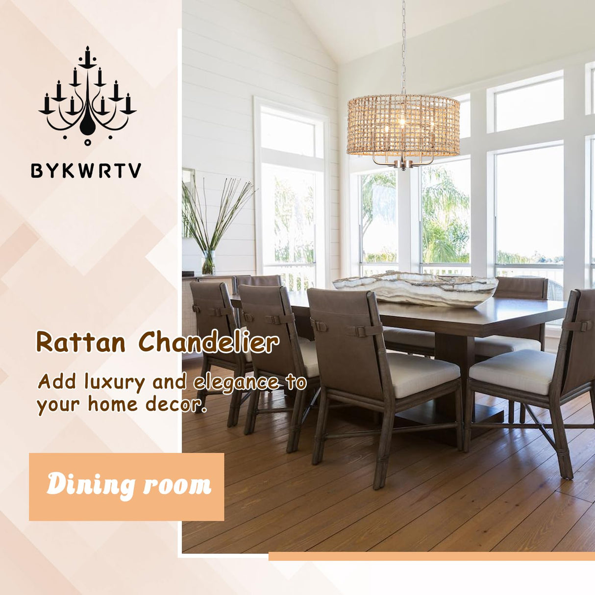 BYKWRTV Rattan Farmhouse Chandelier Light Fixture, 5-Light Boho Chandeliers for Dining Room with Wicker Lampshade, Rattan Pendant Light Drum Chandelier for Living Room Kitchen Island Bedroom BYKWRTV